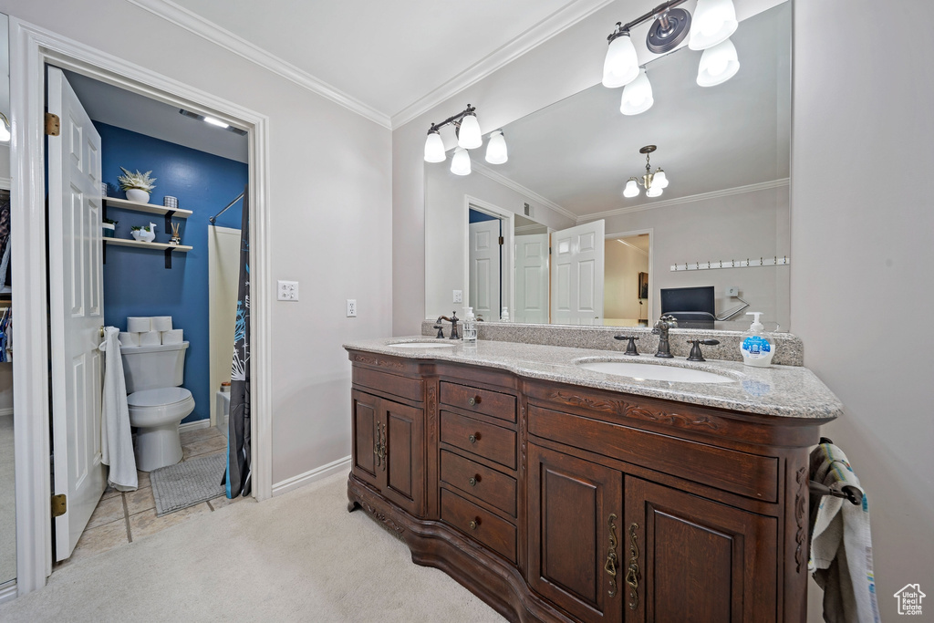 Full bathroom with crown molding, toilet, double vanity, baseboards, and a shower with shower curtain