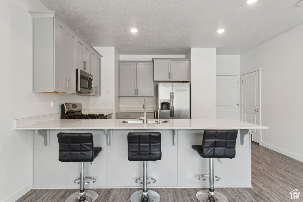 Kitchen with stainless steel appliances, a sink, gray cabinets, light wood finished floors, and light countertops