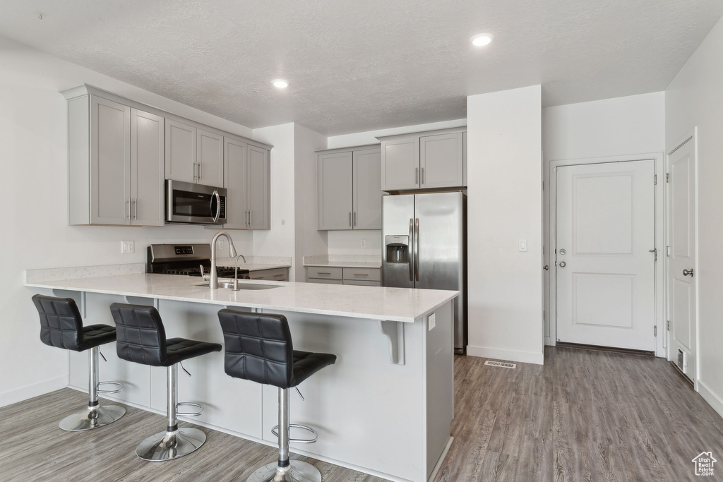 Kitchen featuring appliances with stainless steel finishes, gray cabinetry, a peninsula, a breakfast bar area, and recessed lighting