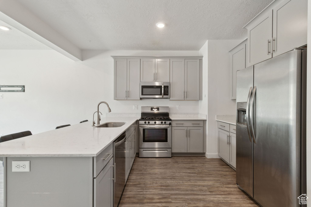 Kitchen with appliances with stainless steel finishes, a sink, gray cabinets, a peninsula, and dark wood finished floors