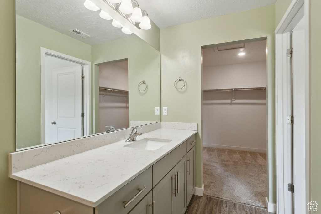 Bathroom with vanity, baseboards, wood finished floors, a walk in closet, and a textured ceiling
