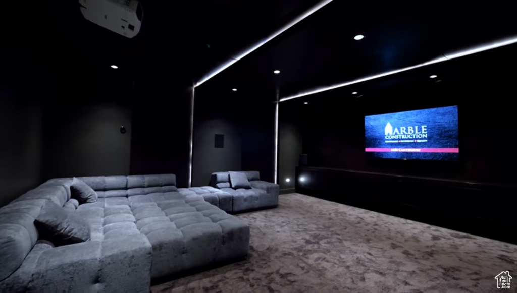 Cinema room with carpet flooring