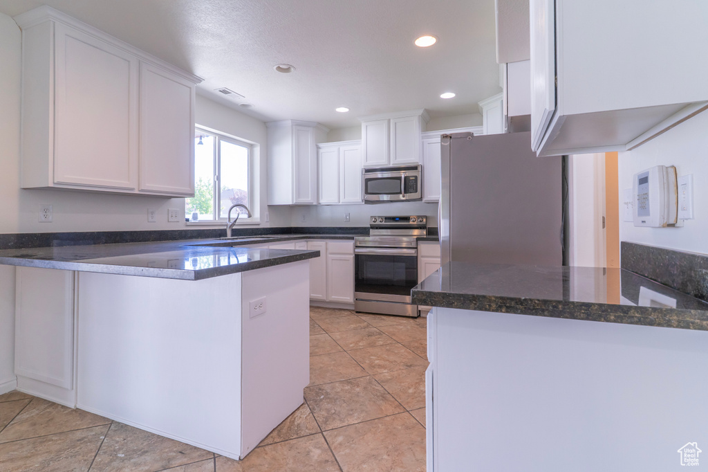 Kitchen with appliances with stainless steel finishes, a peninsula, white cabinetry, a sink, and recessed lighting