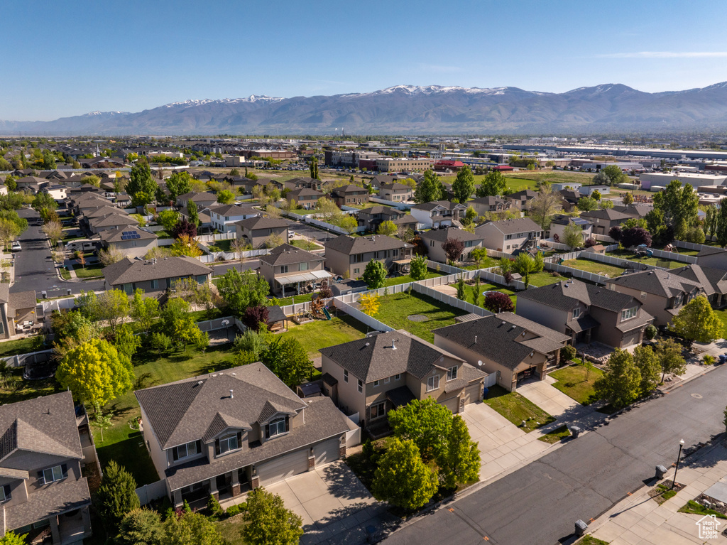 Aerial view of residential area with mountains