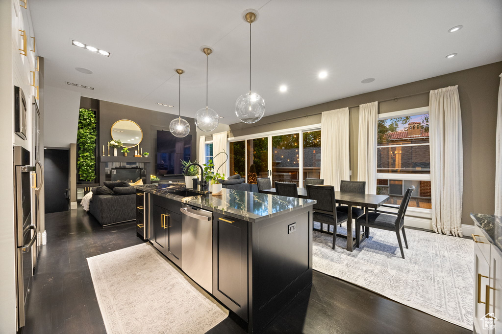 Kitchen featuring stainless steel dishwasher, open floor plan, dark wood finished floors, dark cabinets, and a sink