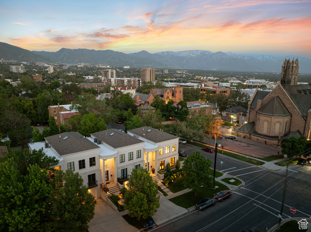 Aerial view at dusk of a mountain view