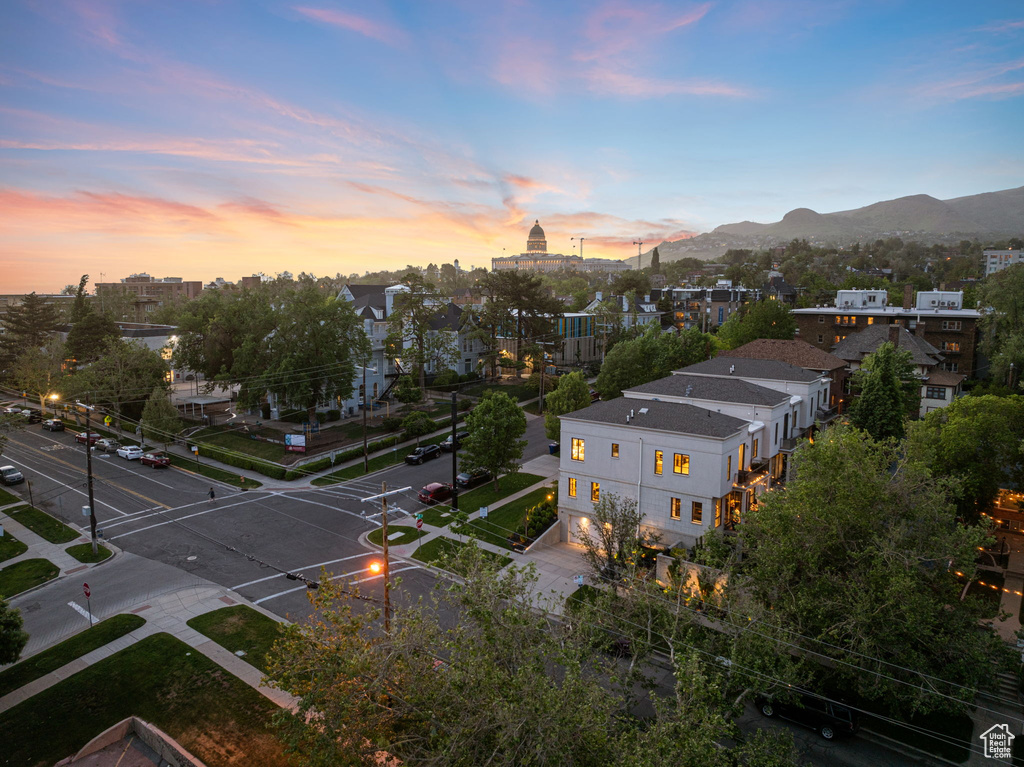 Aerial view at dusk of a mountain view
