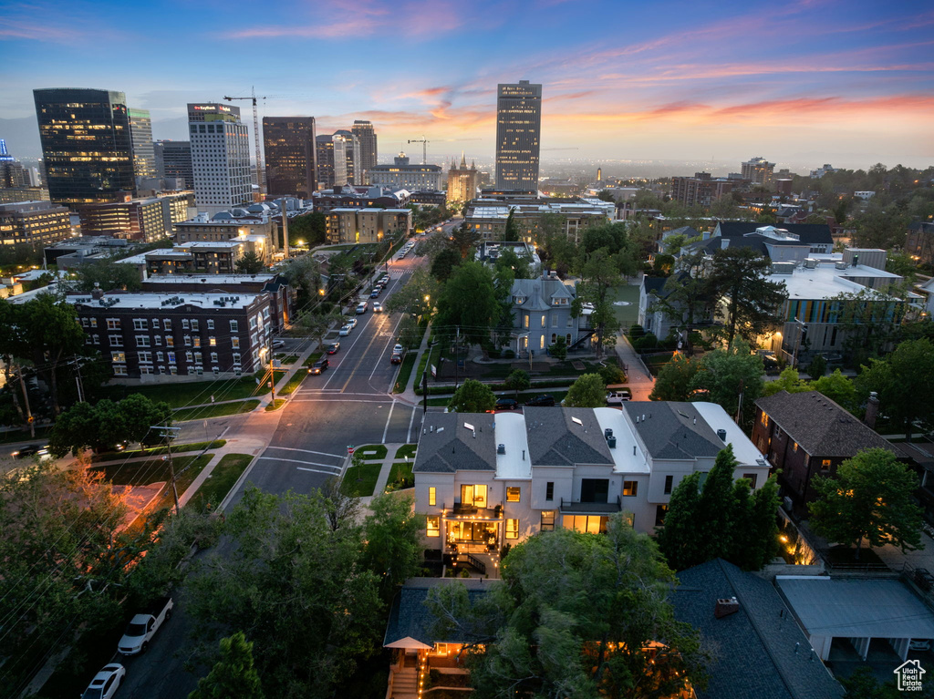 Aerial view at dusk of a view of city