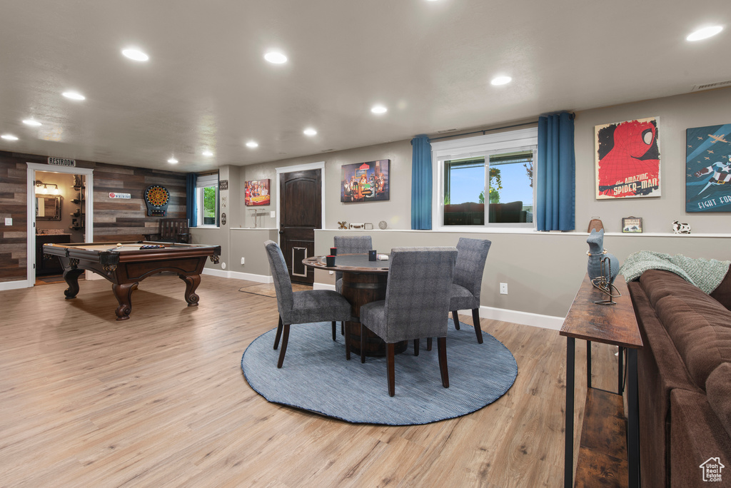 Playroom featuring pool table, recessed lighting, wood finished floors, and baseboards