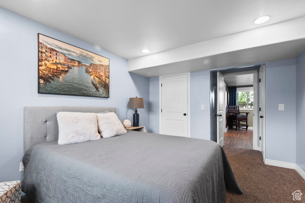 Bedroom with recessed lighting, carpet, and baseboards