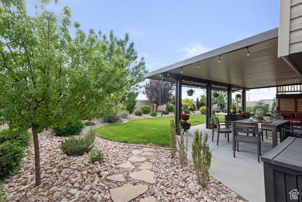 View of grassy yard with a patio area
