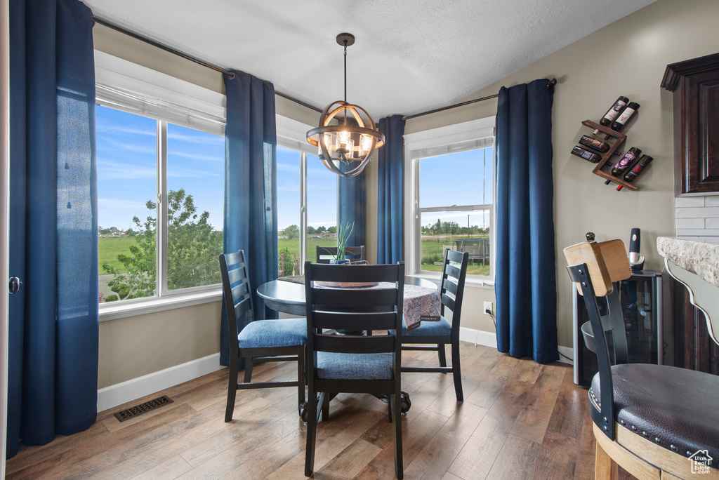 Dining space featuring a chandelier, plenty of natural light, and hardwood / wood-style flooring