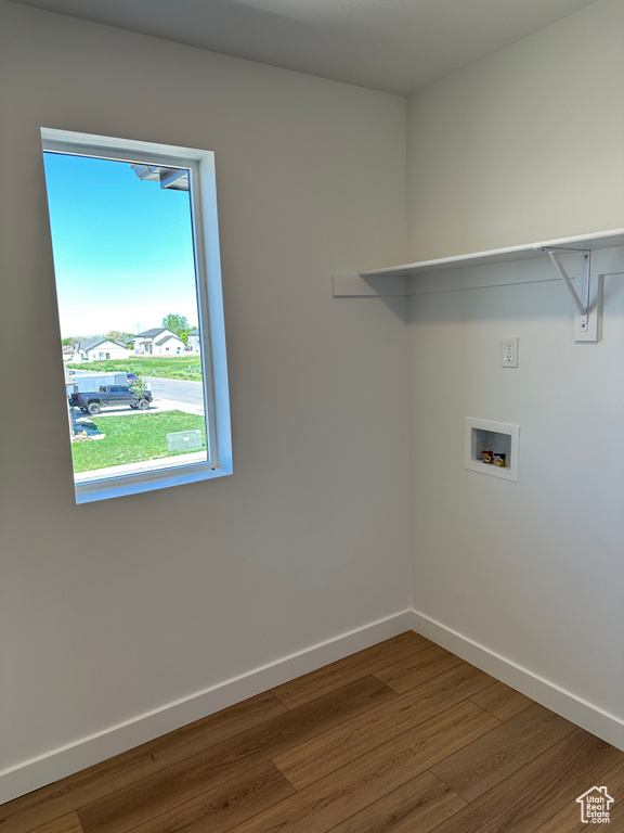 Washroom featuring hookup for a washing machine, wood finished floors, plenty of natural light, and baseboards