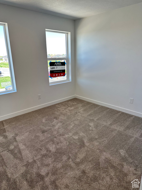 Carpeted empty room featuring healthy amount of natural light, a textured ceiling, and baseboards