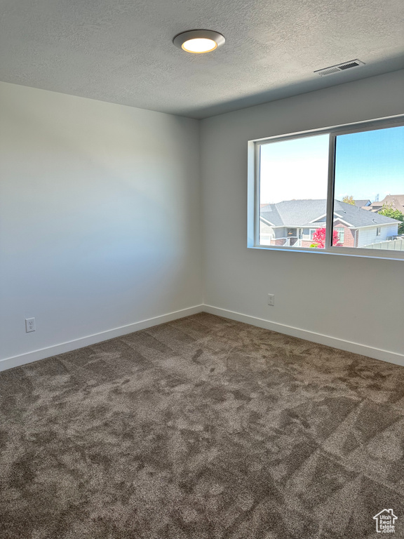 Carpeted spare room with a textured ceiling and baseboards