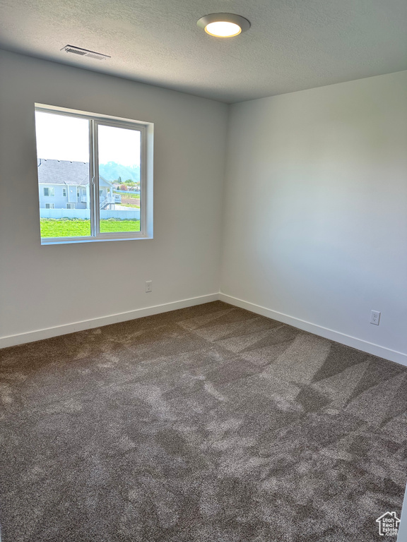 Spare room featuring dark carpet, baseboards, and a textured ceiling