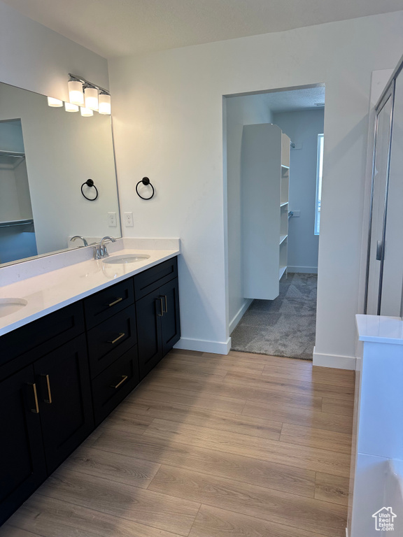 Bathroom with wood finished floors, double vanity, baseboards, and a walk in closet