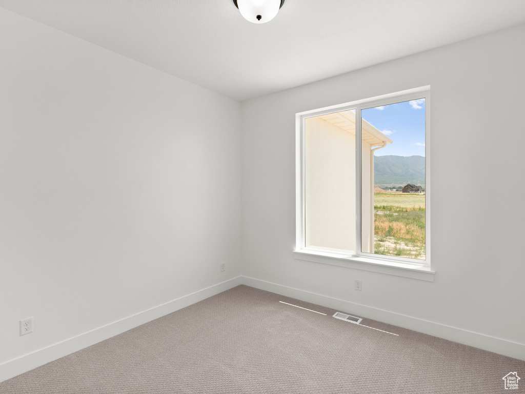 Spare room featuring plenty of natural light, carpet, and a mountain view