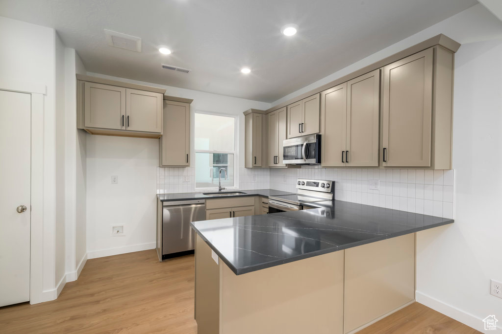 Kitchen with appliances with stainless steel finishes, a peninsula, a sink, light wood-style floors, and decorative backsplash