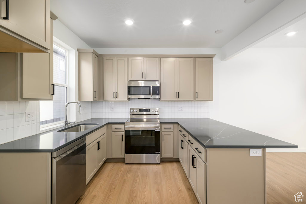 Kitchen with appliances with stainless steel finishes, a sink, a peninsula, light wood finished floors, and decorative backsplash