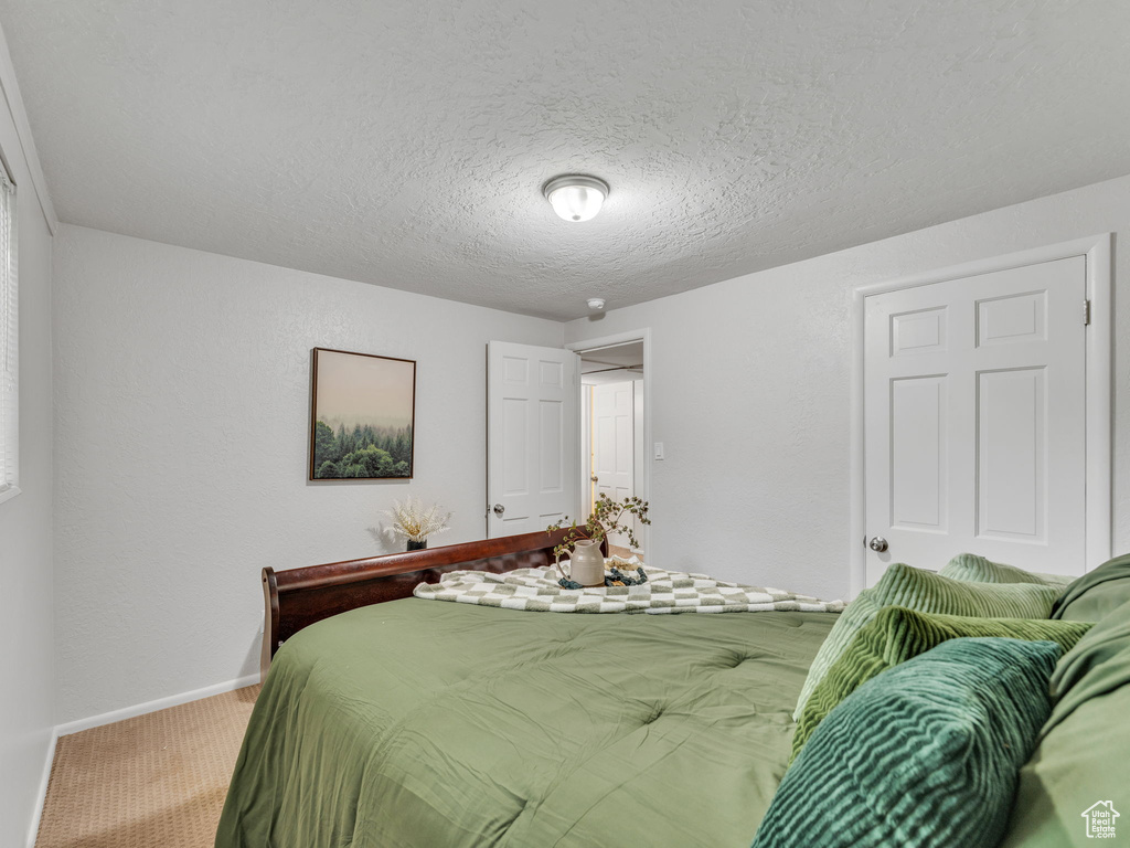 Carpeted bedroom featuring baseboards and a textured ceiling