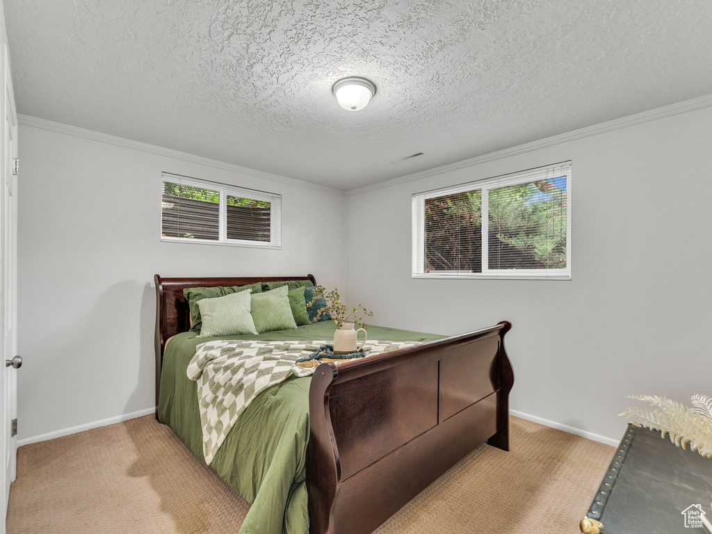 Carpeted bedroom with baseboards, a textured ceiling, and ornamental molding