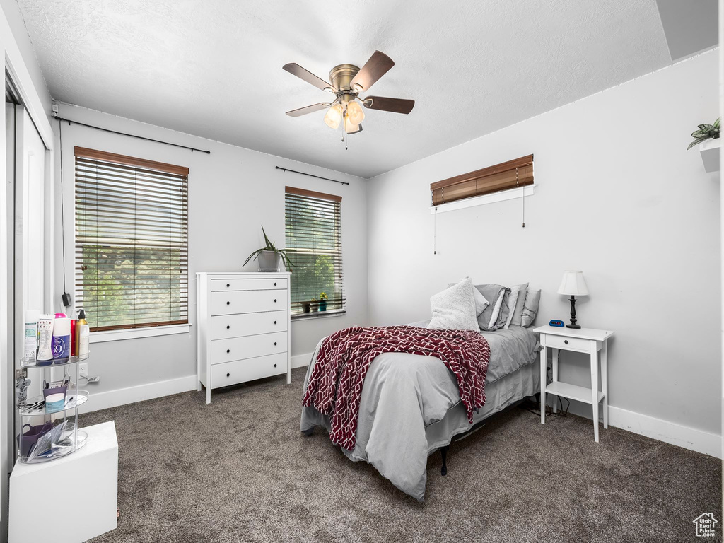Bedroom with carpet, ceiling fan, baseboards, and a closet