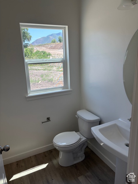 Half bathroom featuring toilet, plenty of natural light, wood finished floors, and baseboards