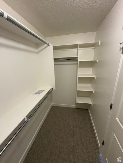 Walk in closet featuring dark carpet