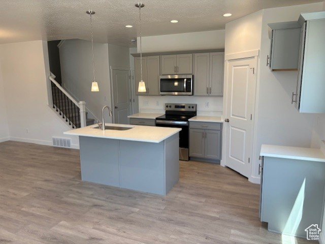 Kitchen with appliances with stainless steel finishes, a sink, gray cabinets, recessed lighting, and light wood-style flooring