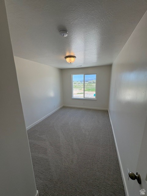 Empty room featuring baseboards, carpet flooring, a smoke detector, and a textured ceiling