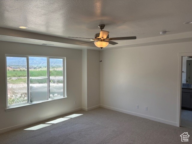 Empty room featuring ceiling fan, light colored carpet, baseboards, and a textured ceiling