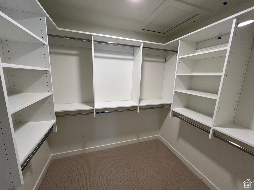 Spacious closet with carpet floors and attic access
