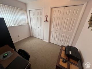 Bedroom with multiple closets, carpet, an office area, and baseboards