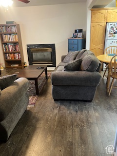 Living room with a glass covered fireplace, dark wood-style flooring, and ceiling fan