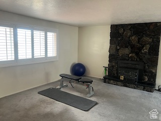 Workout room featuring carpet floors, baseboards, and a textured ceiling