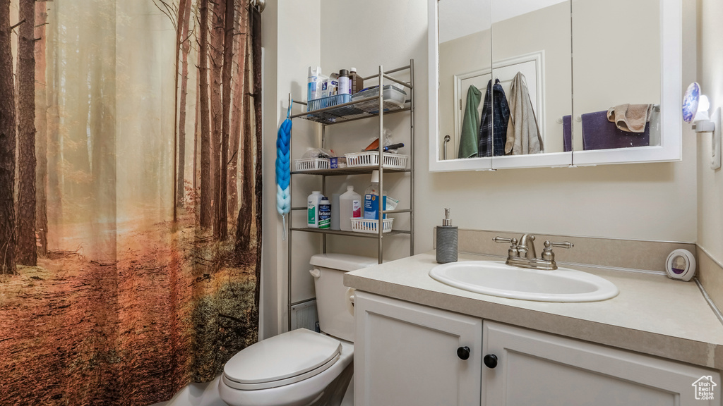 Full bathroom featuring toilet, vanity, and curtained shower