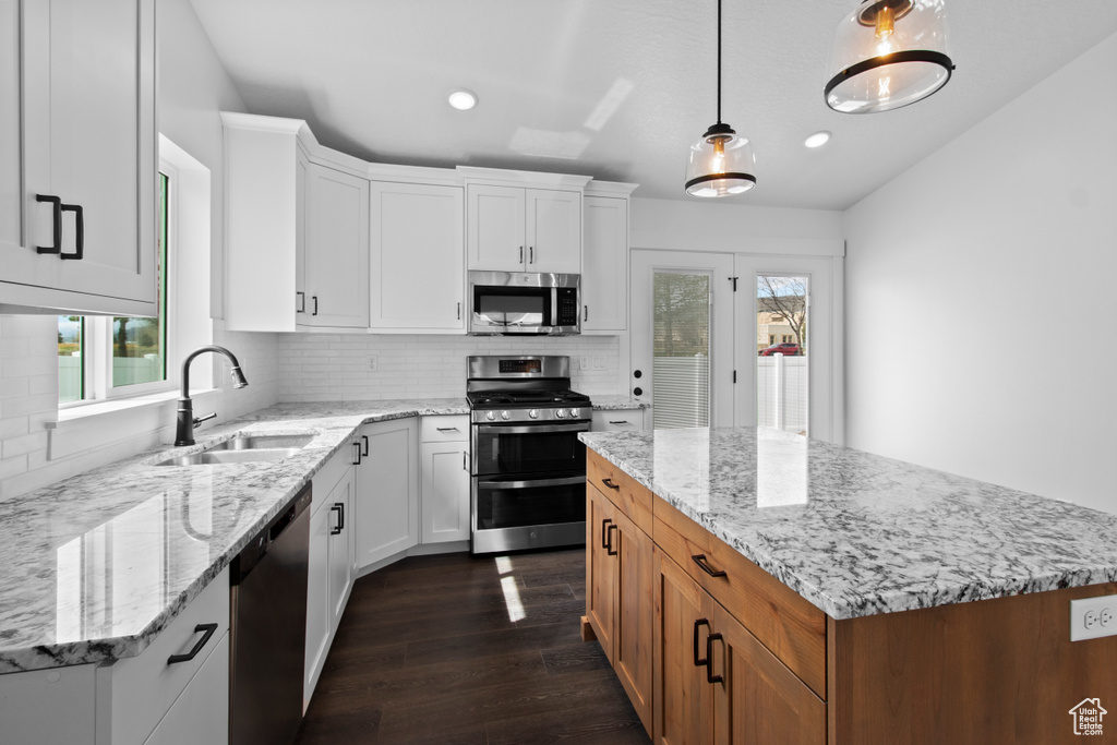 Kitchen featuring stainless steel appliances, a sink, dark wood-style floors, tasteful backsplash, and recessed lighting
