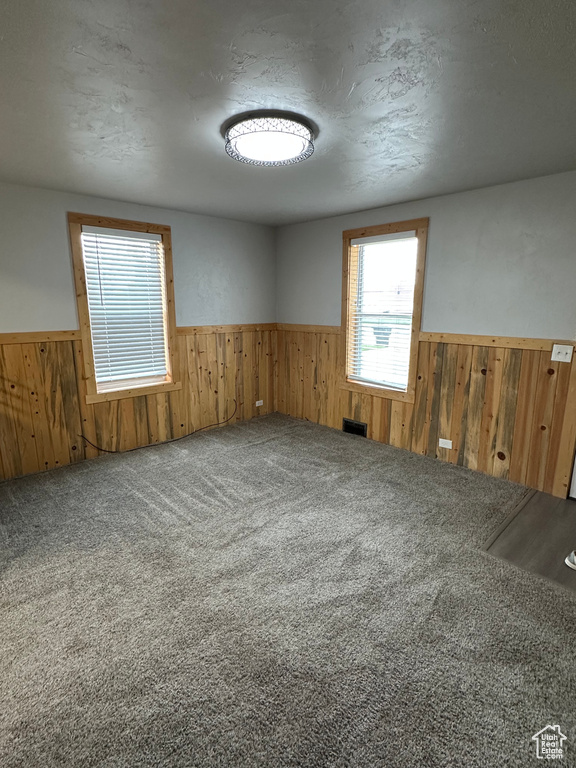 Carpeted empty room with wainscoting, wooden walls, and a textured ceiling