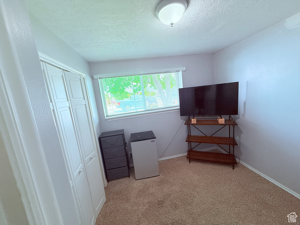 Bedroom with a textured ceiling, carpet, a closet, and baseboards