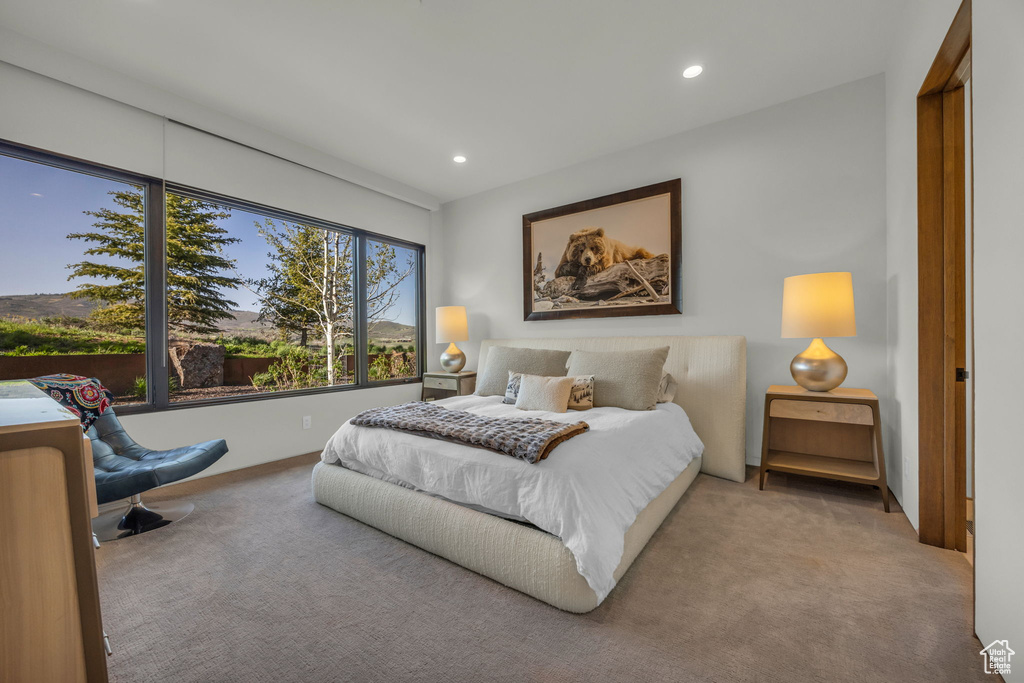 Carpeted bedroom with recessed lighting