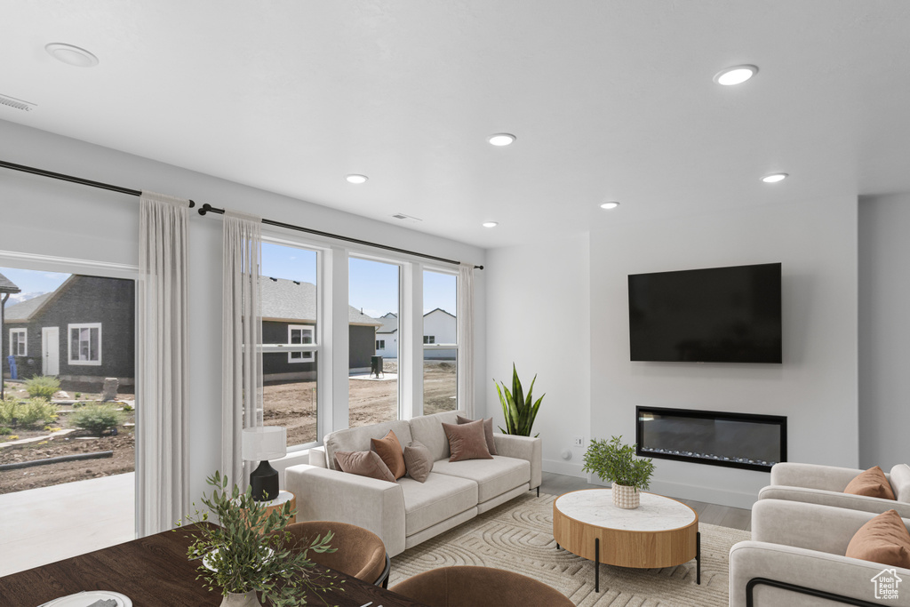 Living area featuring recessed lighting, a glass covered fireplace, and wood finished floors