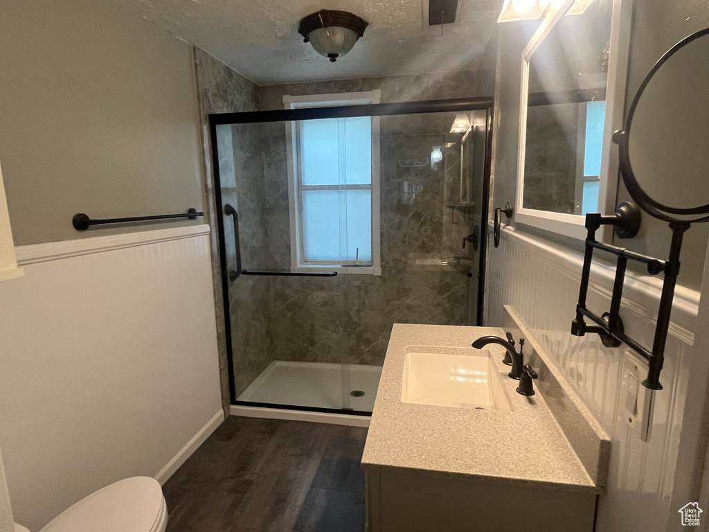 Bathroom featuring a stall shower, toilet, wood finished floors, vanity, and a wainscoted wall
