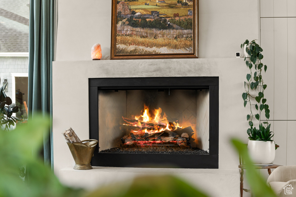 Detailed view of a warm lit fireplace