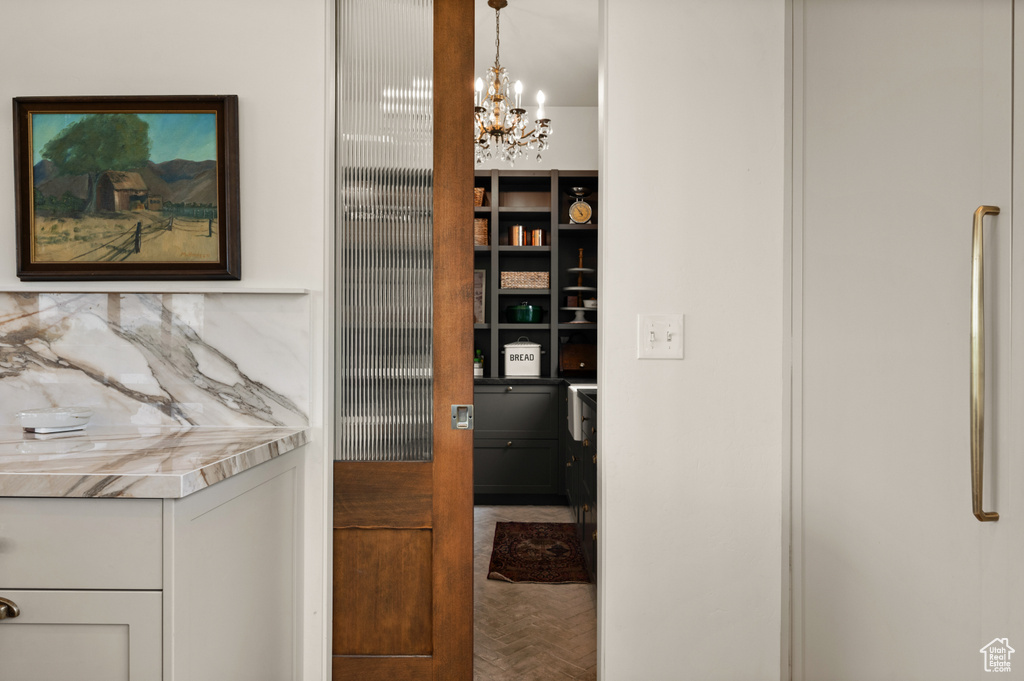 Interior space featuring a chandelier