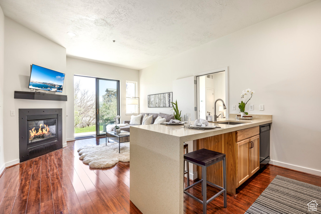 Kitchen with a sink, black dishwasher, dark wood-style floors, open floor plan, and a glass covered fireplace