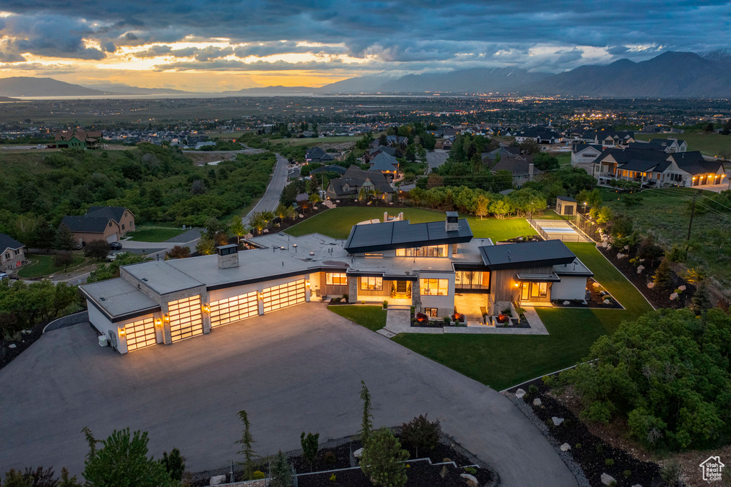 Aerial view at dusk of a mountain view