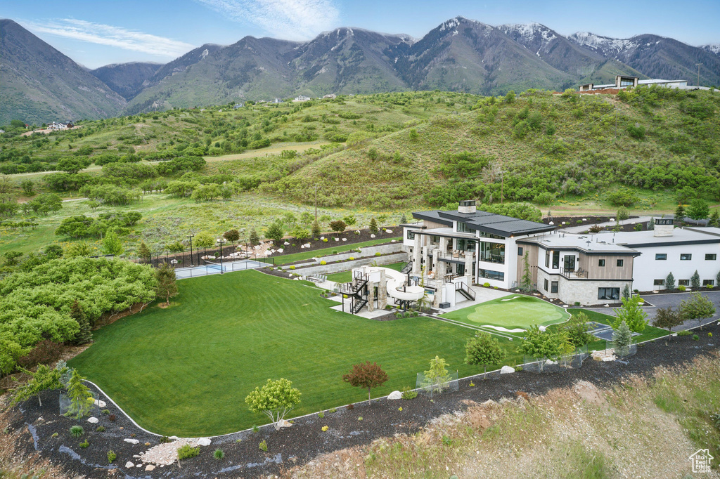 View from above of property featuring mountains