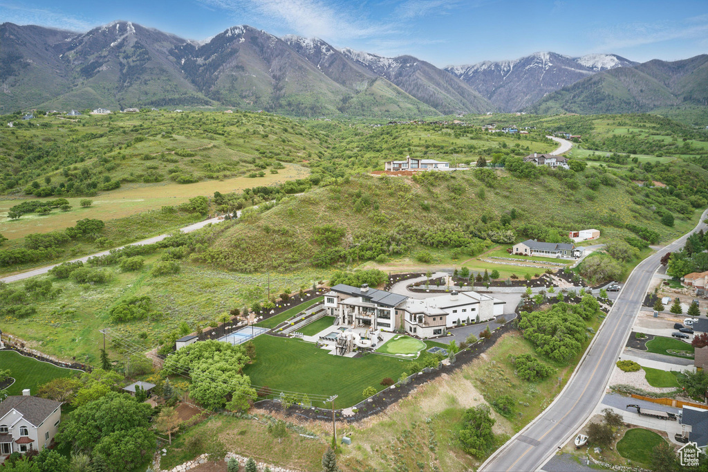 Aerial overview of property's location featuring mountains
