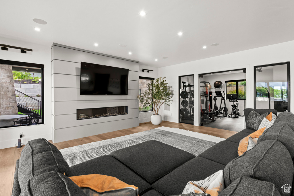 Living room with wood finished floors, recessed lighting, and a fireplace